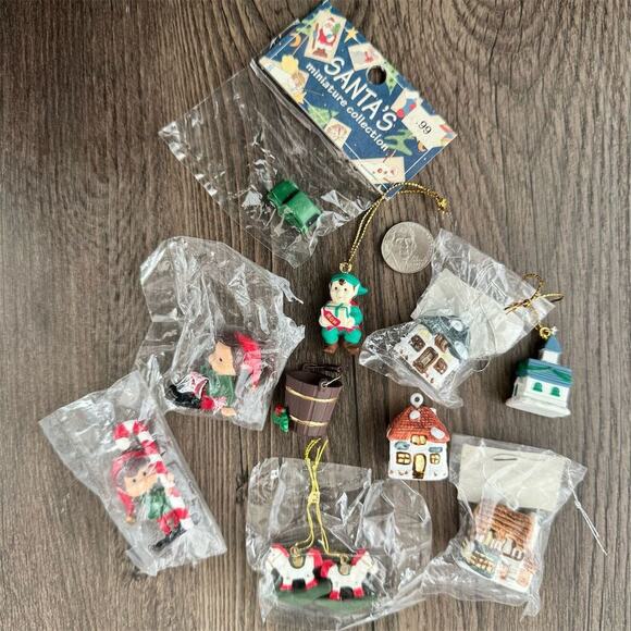 Vintage Mini Christmas Ornaments Set of 11 Miniature Festive Elf House School - Picture 1 of 7